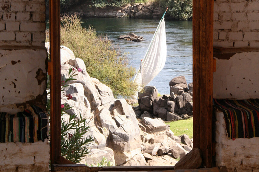 Waiting felucca seen from a Nubian house